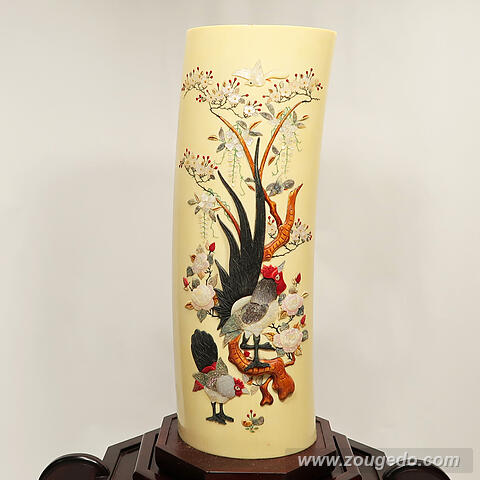 【本象牙】彫刻花筒（特大）